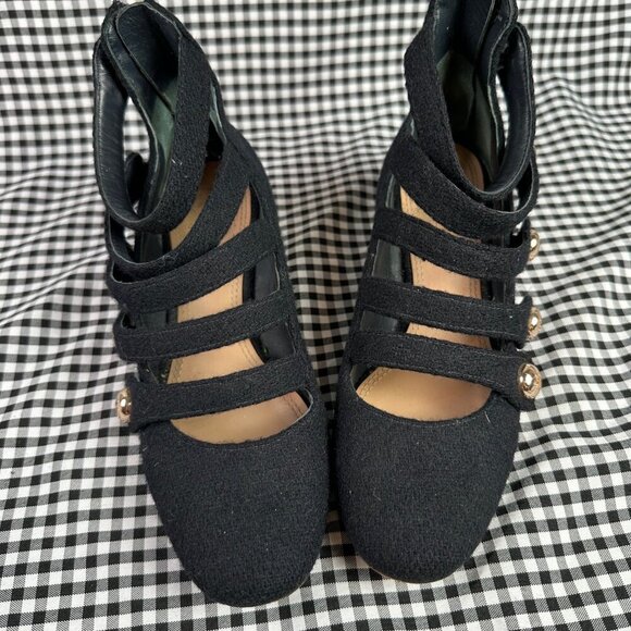 Tory Burch Marisa Low Heel Black Gold Wool Strappy Mary Jane Pumps Women's 6 - Picture 2 of 5
